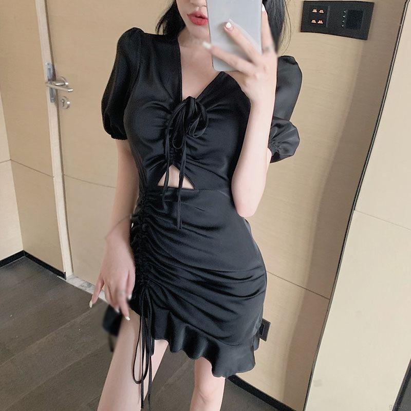 Đầm Tay Phồng Màu Trơn Phối Dây Rút Quyến Rũ Cho Nữ Kiểu Hàn Quốc