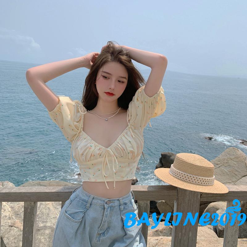 Áo Croptop Tay Phồng Cổ Chữ V In Họa Tiết Hoa Thời Trang Dành Cho Nữ