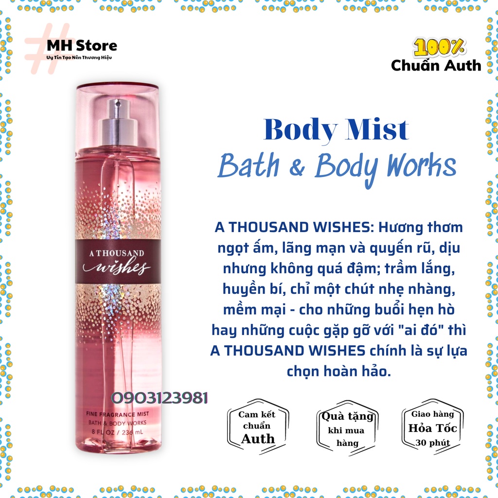 Bộ Sản Phẩm A THOUSAND WISHES Xịt Thơm, Lotion, Sữa Tắm, Nước Rửa Tay, Kem Tay Bath and Body Works (MH Shop)