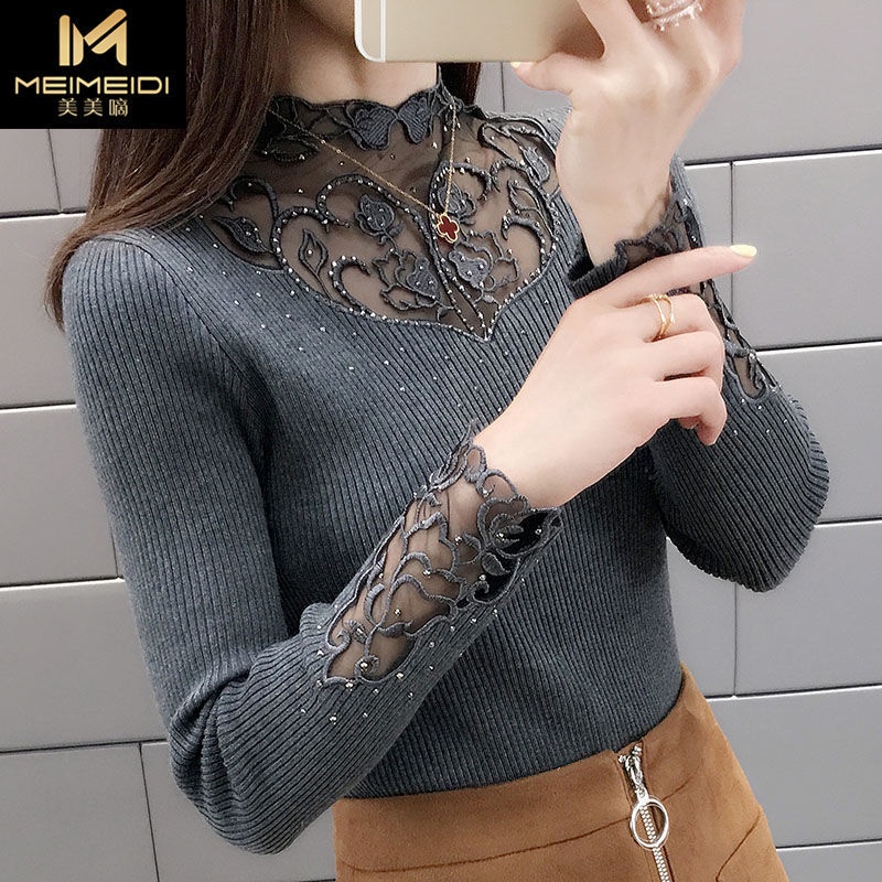Áo sweater dệt kim tay dài cổ phối ren thời trang thu đông 2020 cho nữ