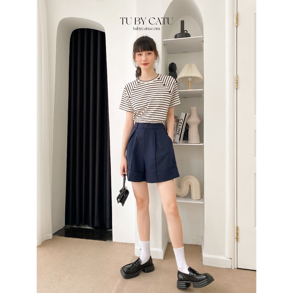 TUBYCATU | Áo thun Button Stripe Tee sọc ngang Trắng Đen/ Xanh Lá