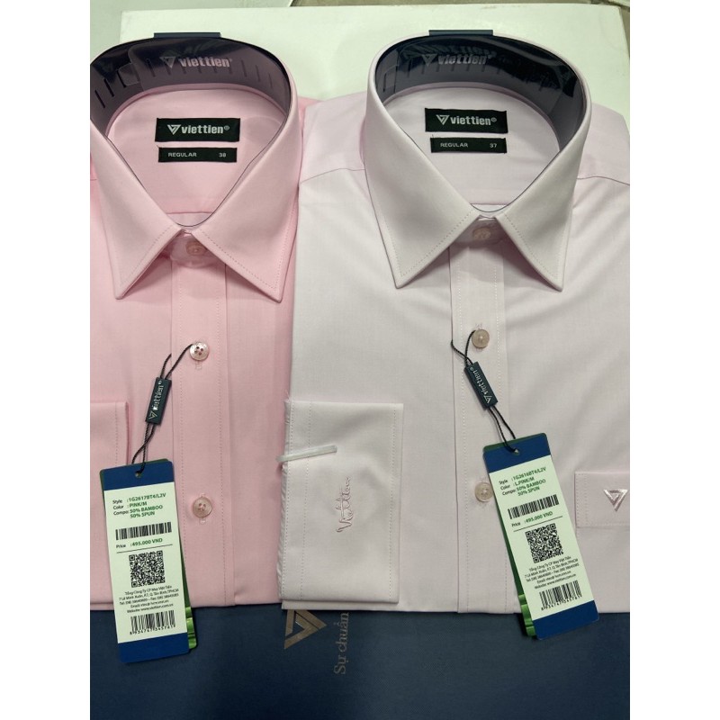 Xả 2 màu áo sơ mi việt tiến DTPhom Regular giá treo 495k có 2 màu hồng đậm và hồng hạt