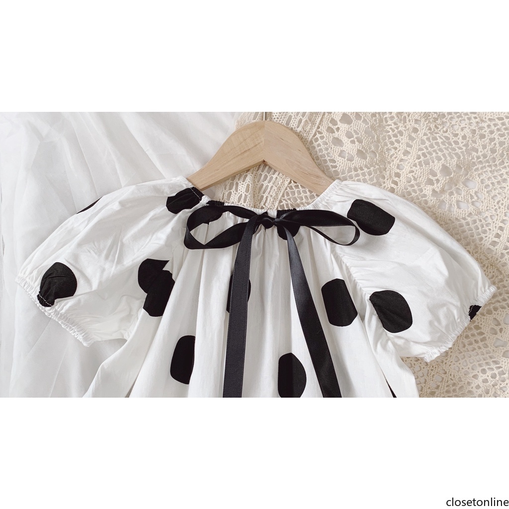 Đầm Công Chúa Tay Ngắn Phồng Cột Dây In Họa Tiết Chấm Bi Thời Trang Ngọt Ngào Cho Bé Gái