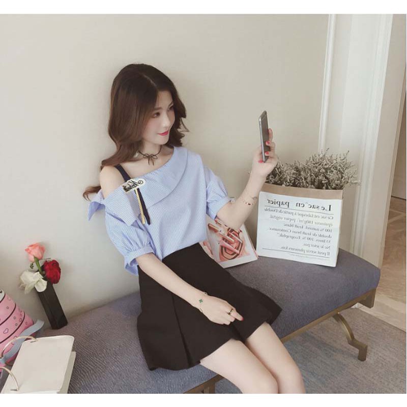 Áo tay ngắn lệch vai kiểu dáng thời trang | BigBuy360 - bigbuy360.vn