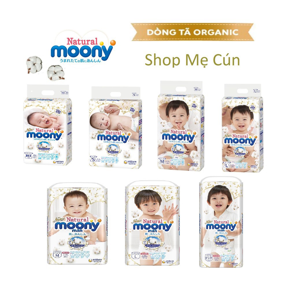 ⚡𝐂𝐇𝐈́𝐍𝐇 𝐇𝐀̃𝐍𝐆⚡ Bỉm/tã dán MOONY NATURAL Cao cấp TỪ BÔNG HỮU CƠ Nội Địa Nhật NB63/S58/M48