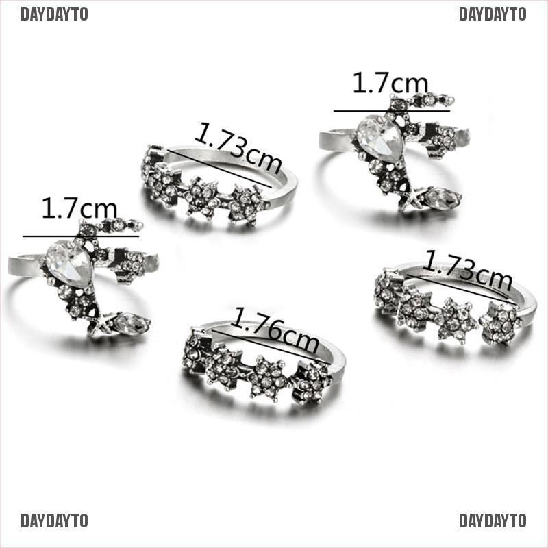 Set 5 Nhẫn Bạc Đính Đá Pha Lê Phong Cách Boho Cổ Điển