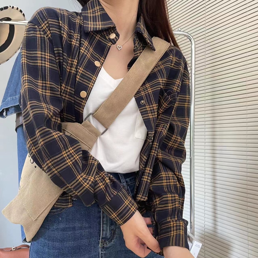 Áo khoác sơ mi SUXI tay dài dáng rộng kẻ sọc thời trang cổ điển cá tính cho nữ