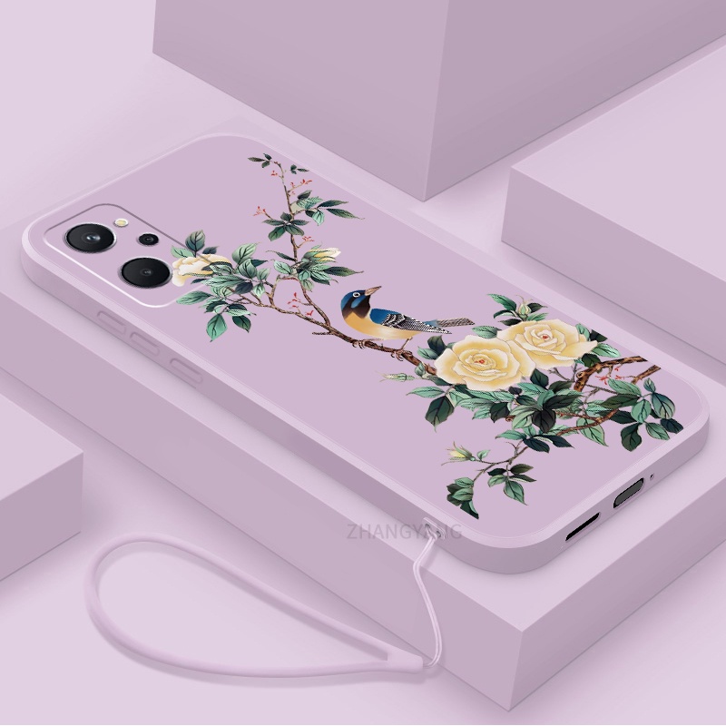 Ốp Điện Thoại TPU Mềm Họa Tiết Hoa Và Chim Có Dây Đeo Cho Realme 9i