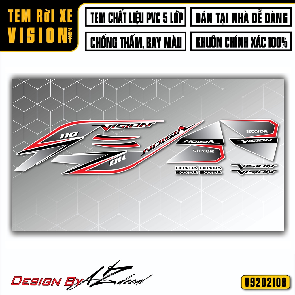 Tem Dán Sườn, Yếm Xe Vision 2015-2021 Mẫu VS202108 - Chất Liệu Decal Xe Chống Nước, Bền Màu, Cho Xe Xanh, Đỏ, Đen, Trắng