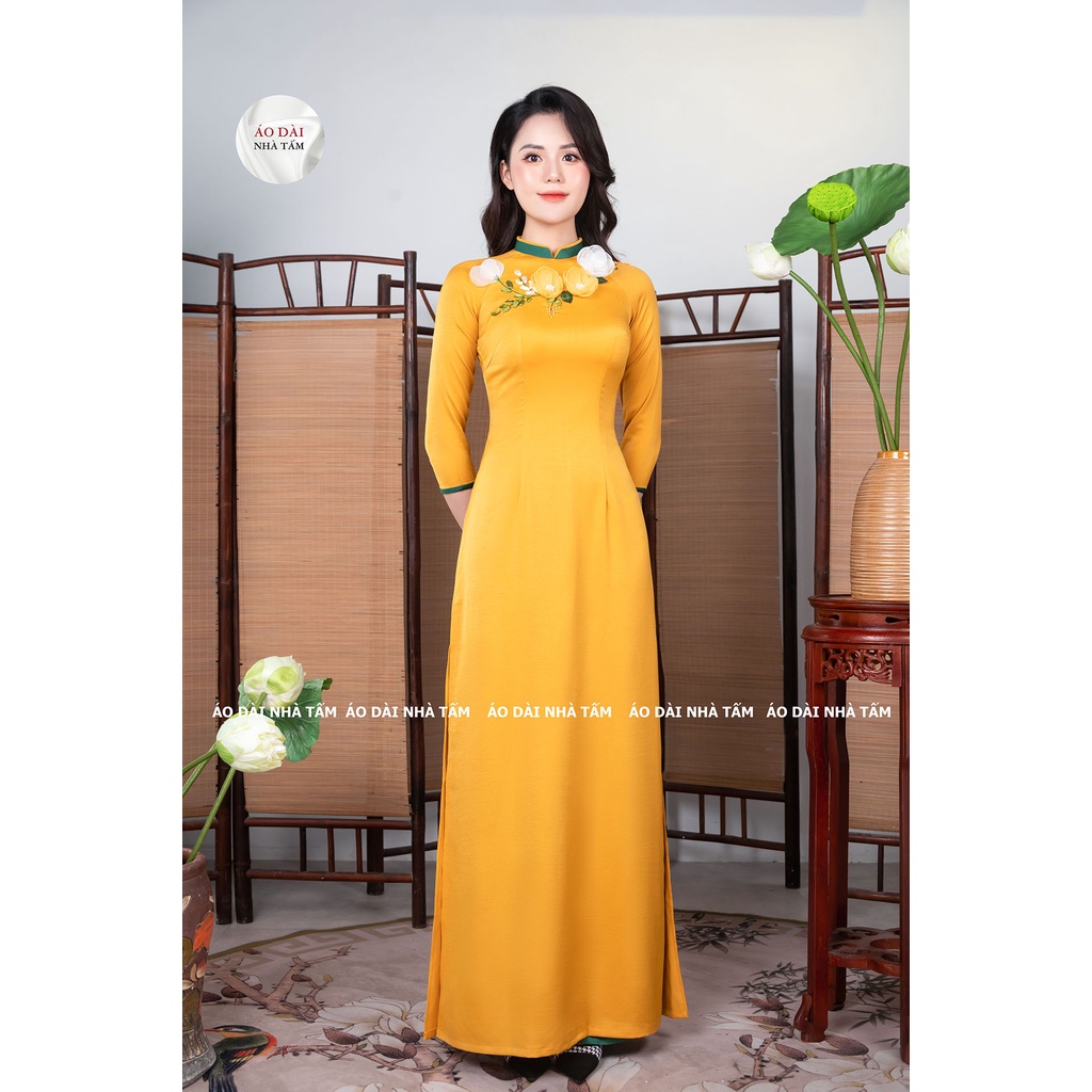 ÁO DÀI TRUYỀN THỐNG THÊU ĐÍNH HOA NỔI, LỤA CAO CẤP NHÀ TẤM - MÃ C9