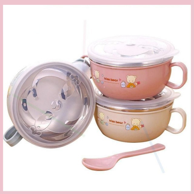 Bát ăn dặm inox cách nhiệt có nắp đạy và tay cầm kèm thìa cho bé