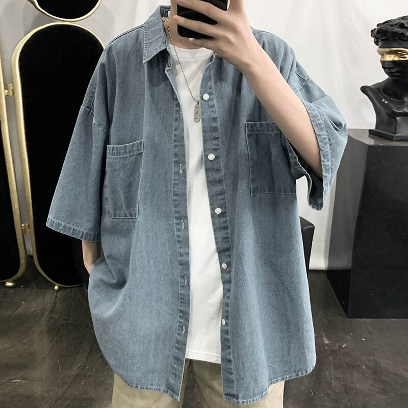 Áo Sơ Mi Denim Tay Lửng Phong Cách Hong Kong Thời Trang Mùa Hè Cho Nam
