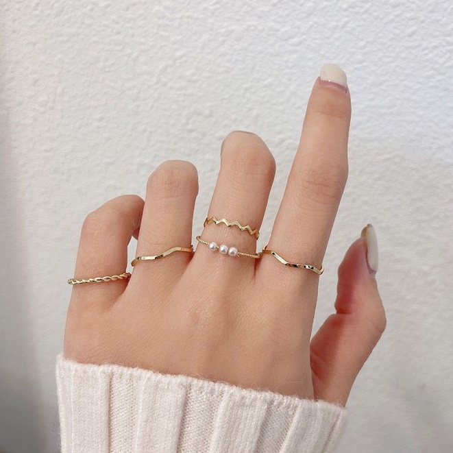 Bộ nhẫn nữ ngọc trai nhân tạo gợn sóng, Set 5 nhẫn basic mạ bạc 925 cá tính Papillon N27