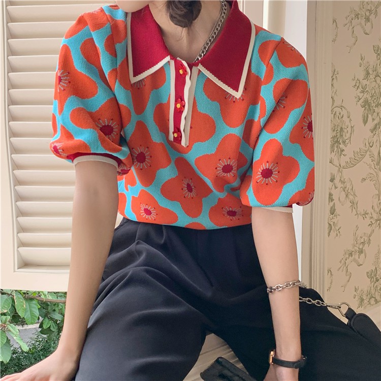 Áo kiểu dệt kim tay phồng cổ polo in họa tiết hoa màu sắc tương phản phong cách retro thời trang mùa hè xinh xắn | BigBuy360 - bigbuy360.vn