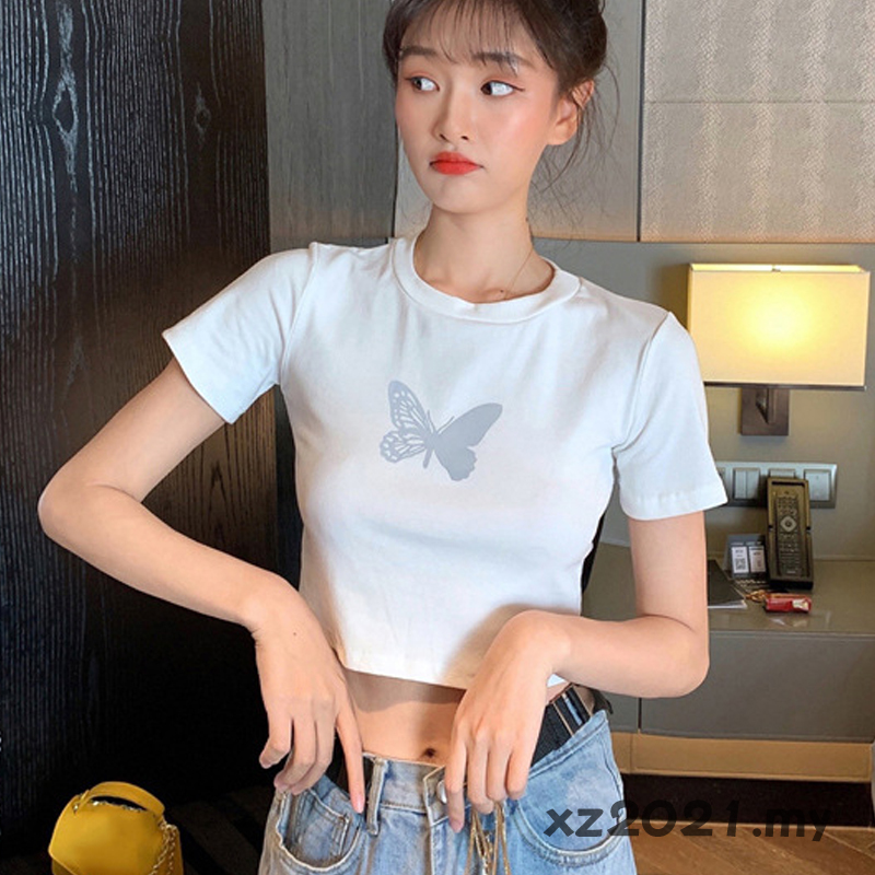 Áo Crop Top Nữ In Hình Bướm Màu Trắng Đen