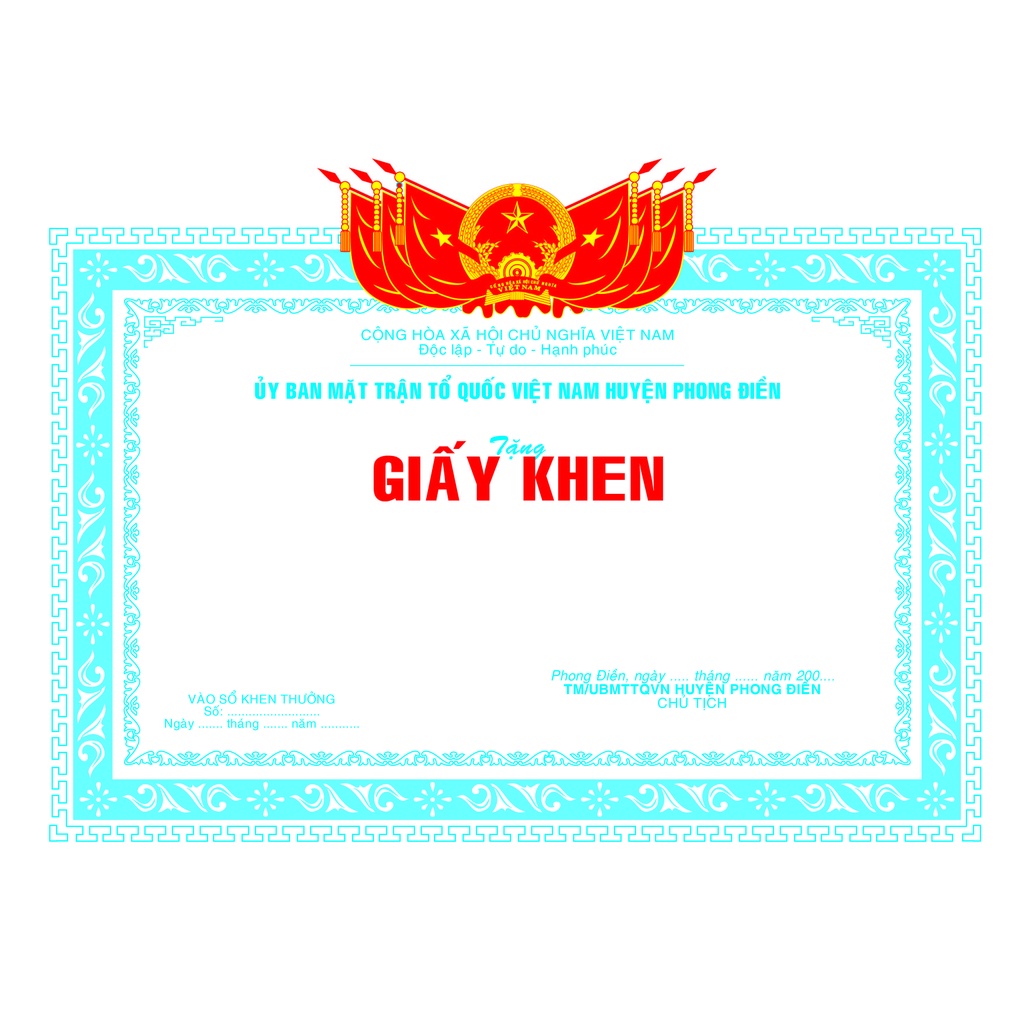 Giấy khen uỷ ban mặt trân tổ quốc, giấy in rẻ, bền đẹp, có ép plastic