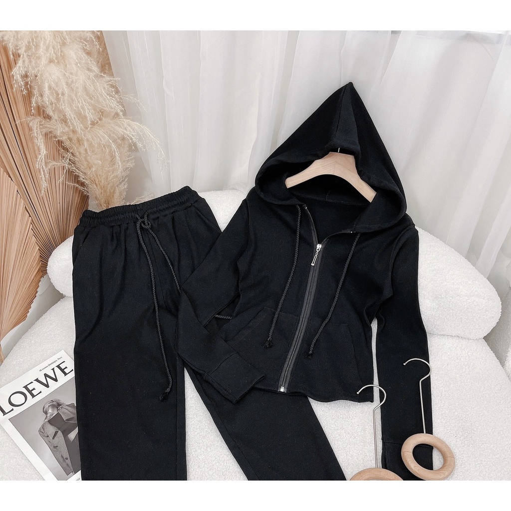 SET ÁO KHOÁC NÓN DÂY KÉO + QUẦN ỐNG TÚM LƯNG THUN 2 MÀU (TH)