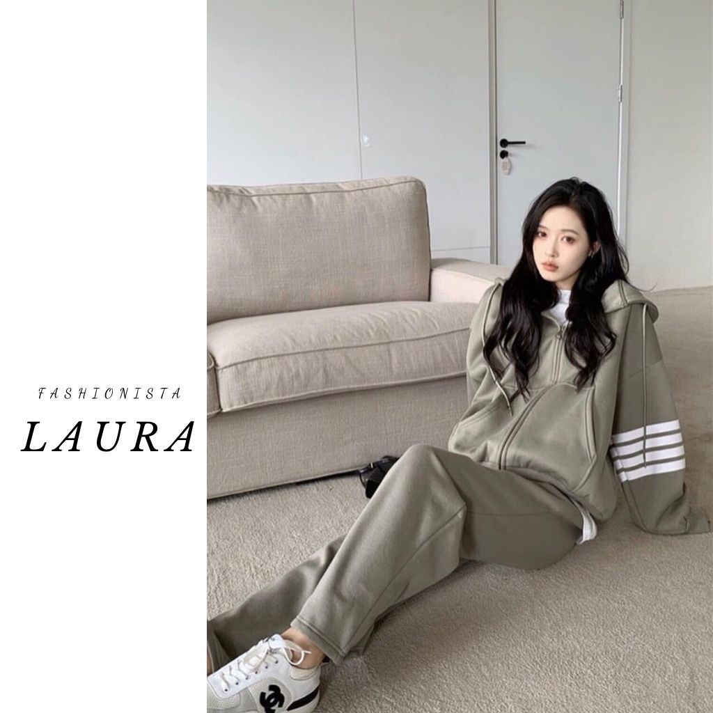 Set áo khoác nỉ  có khóa sọc tay dáng rộng kèm quần nỉ jogger Laura Boutique | BigBuy360 - bigbuy360.vn