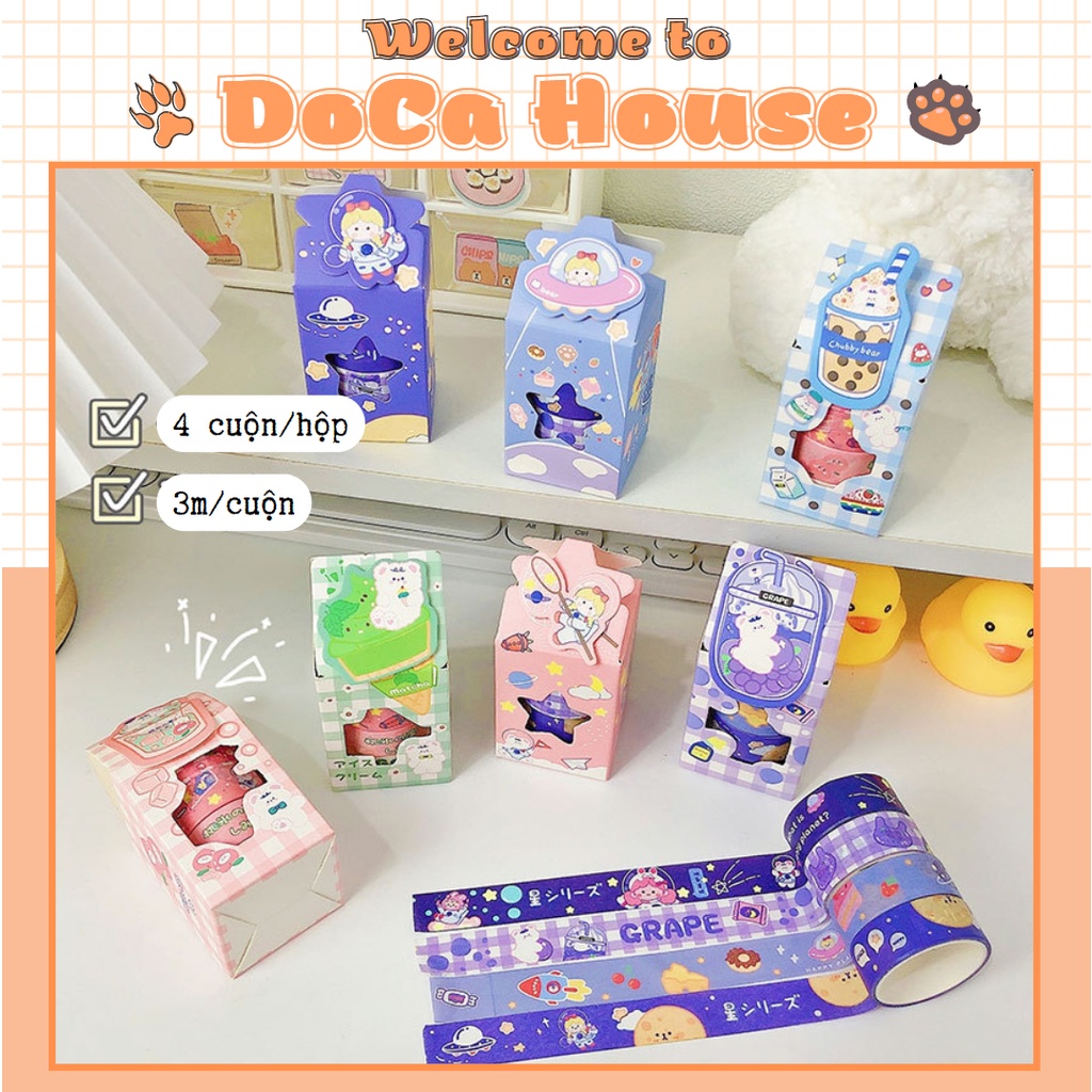 Hộp 4 cuộn washi tape DOCA, băng dính giấy, băng keo dán trang trí sổ tay nhiều chủ đề đáng yêu