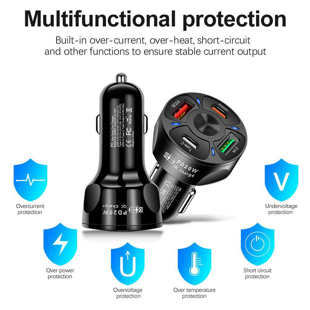 Tẩu Sạc Nhanh Cắm Ô Tô, Xe hơi, 2 Cổng Usb C - PD20W + 2USB Quick Change 3.0-3.1A  Có Đèn Led Hỗ Trợ Ban Đêm