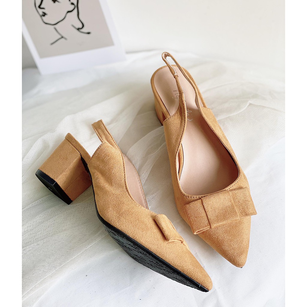 Giày cao gót mũi nhọn 5cm  FLASH SALE  - THENYSMILE- Gót vuông da lộn - NƠ HỞ GÓT
