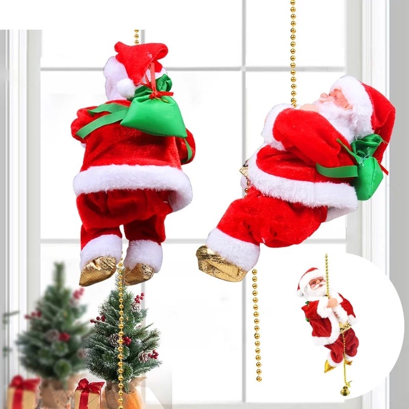 Phụ kiện trang trí cây thông giáng sinh hình ông già noel xỏ hạt leo trèo chạy điện phát nhạc