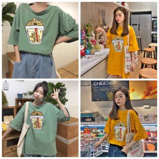 Áo thun tay lỡ freesize nữ phông form rộng Unisex mặc cặp, nhóm, lớp in ly TRÀ SỮA hình con GẤU