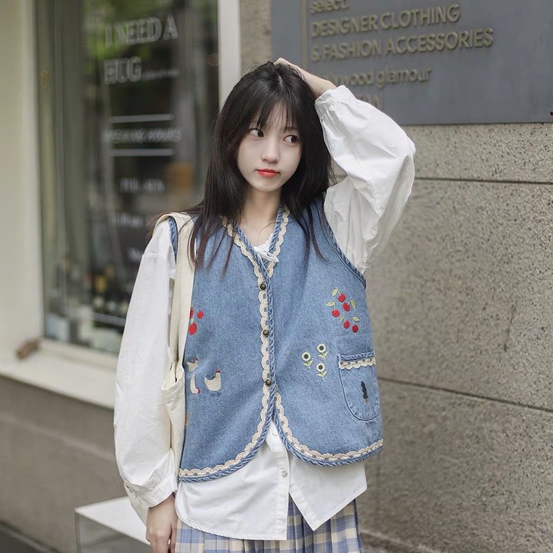 Áo gile jeans thêu đáng yêu viền ren có túi trước phong cách ulzzang retro kèm ảnh thật