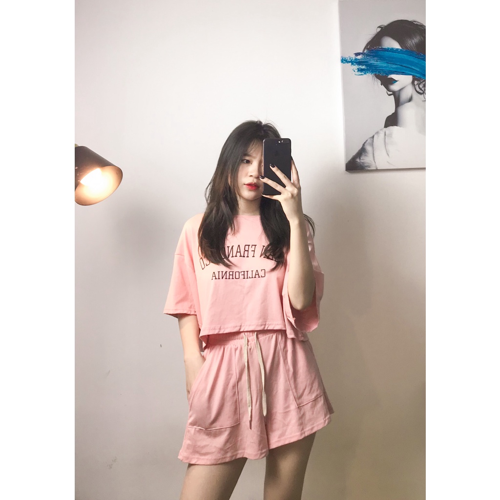 Set bộ đồ nữ cotton Crop Top đồ ngủ mặc nhà - Bộ đồ form áo crop top quần short đùi