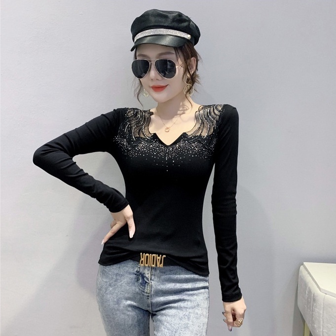 Áo kiểu trễ vai áo lưới dài tay V Thiết Kế Mới Thời Trang Mùa Thu Đông Dành Cho Nữ