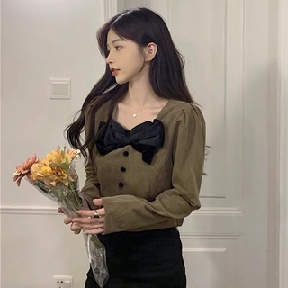 ⚡️bán sỉ⚡️áo nhung tăm nơ cổ cúc bọc 2 màu nâu và be