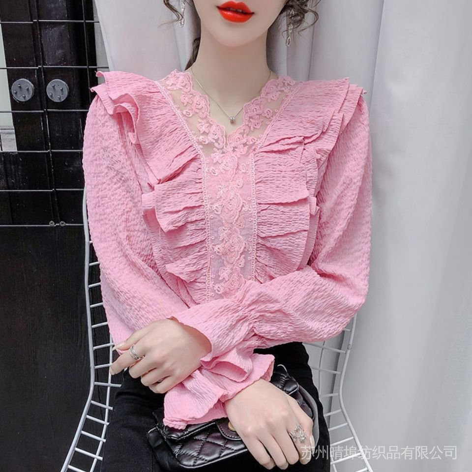 Áo Kiểu Tay Loe Phối Ren Thời Trang Mùa Thu Cho Nữ 2022