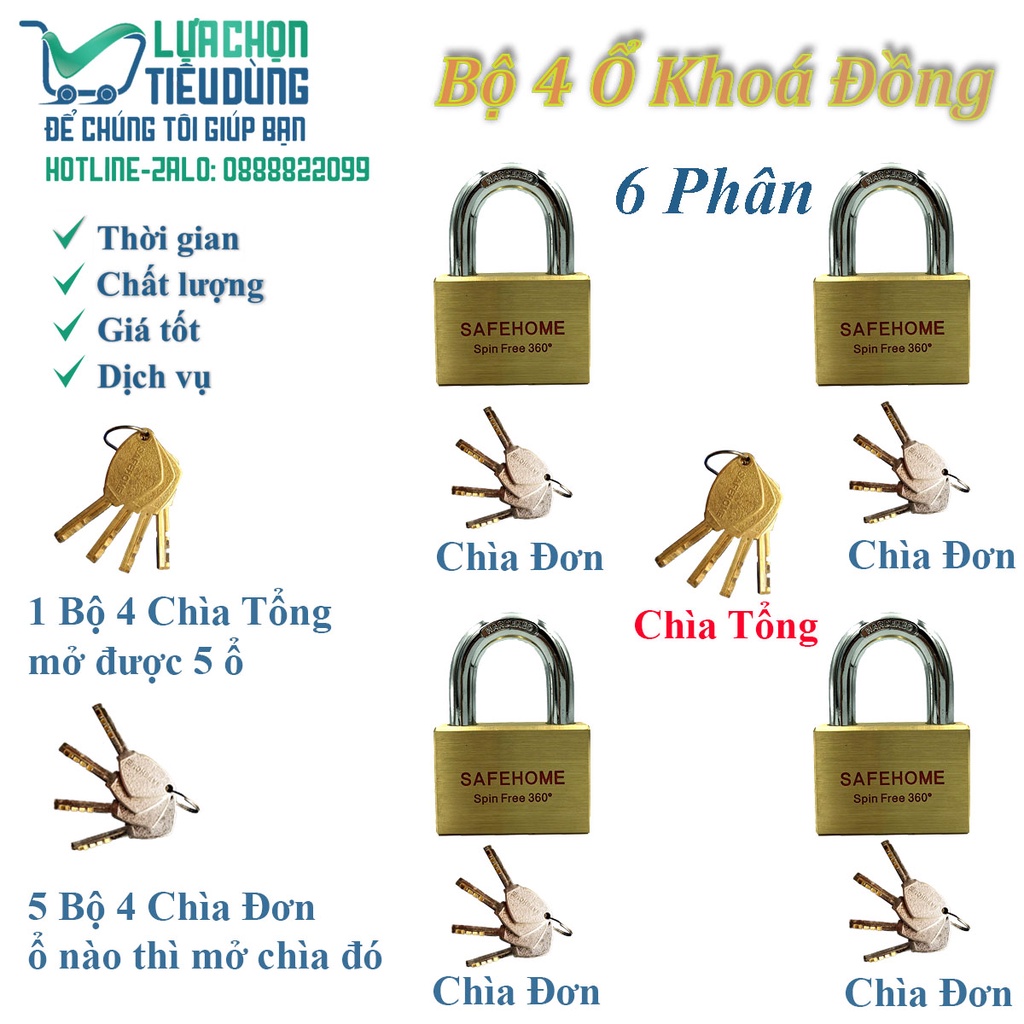 Bộ 4 ổ khoá móc cao cấp SAFE HOME - chống đoản - chìa vạn năng - chống nhỏ Axít