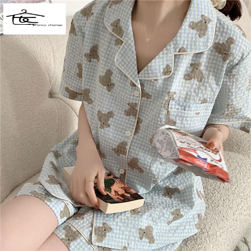 Bộ Đồ Ngủ Tay Ngắn Họa Tiết Sọc Caro In Hình Gấu Dễ Thương Phong Cách Nhật Bản Cho Nữ