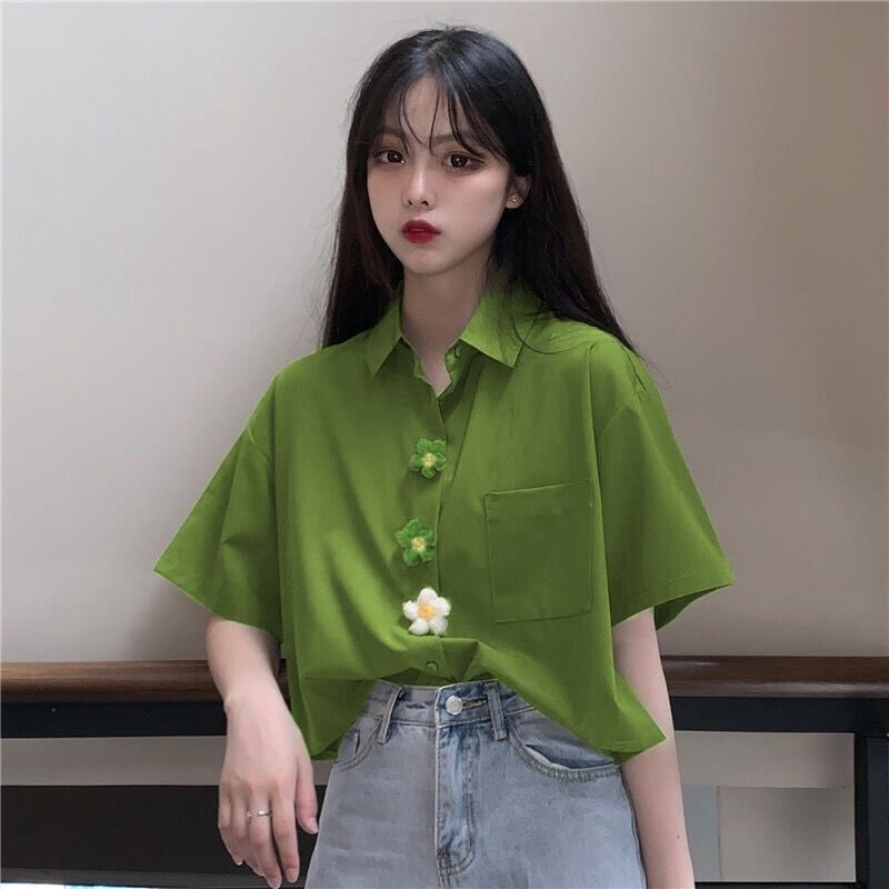 Áo Sơ Mi Nữ Tay Ngắn Dáng Rộng Màu Trơn Phong Cách Hàn Quốc