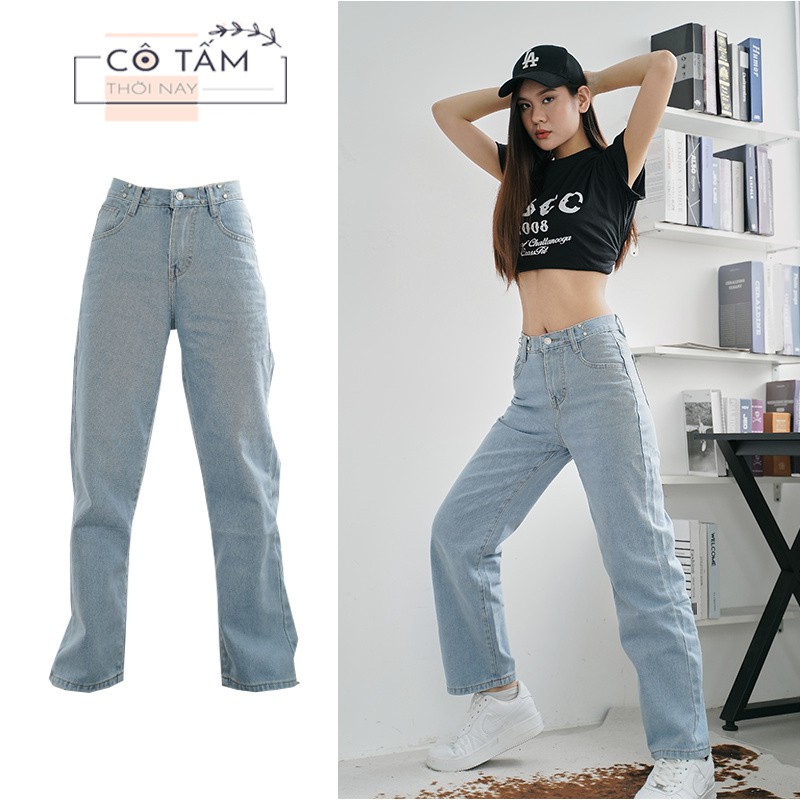 Quần Jean Nữ, Baggy Nữ - Móc Gài Eo - Điều Chỉnh Eo Linh Hoạt - Ulzzang Hàn Quốc - Quần Ống Suông Rộng - Lưng Cao