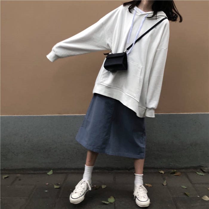 Áo hoodie tay dài màu trơn có túi phong cách Hàn Quốc cho nữ
