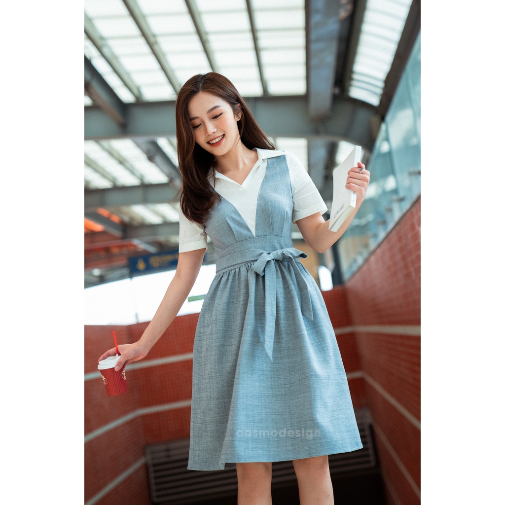 Váy Xoè Ghi Pha Trắng Thắt Dây Đai Eo