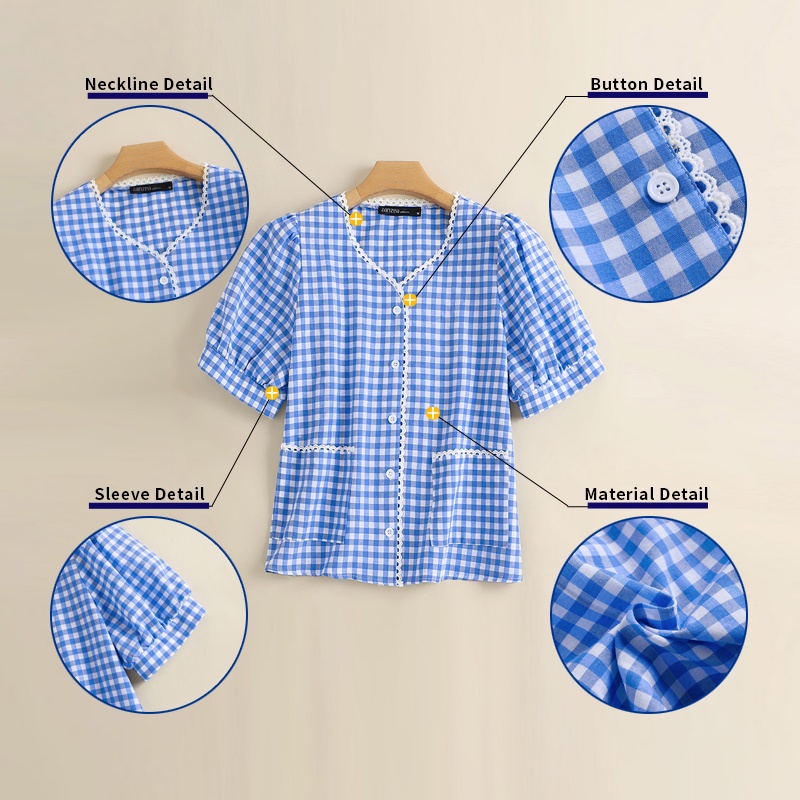 Zanzea Áo Sơ Mi Ngắn Tay Cổ V Họa Tiết Ca Rô Phong Cách Hàn Quốc Dành Cho Nữ