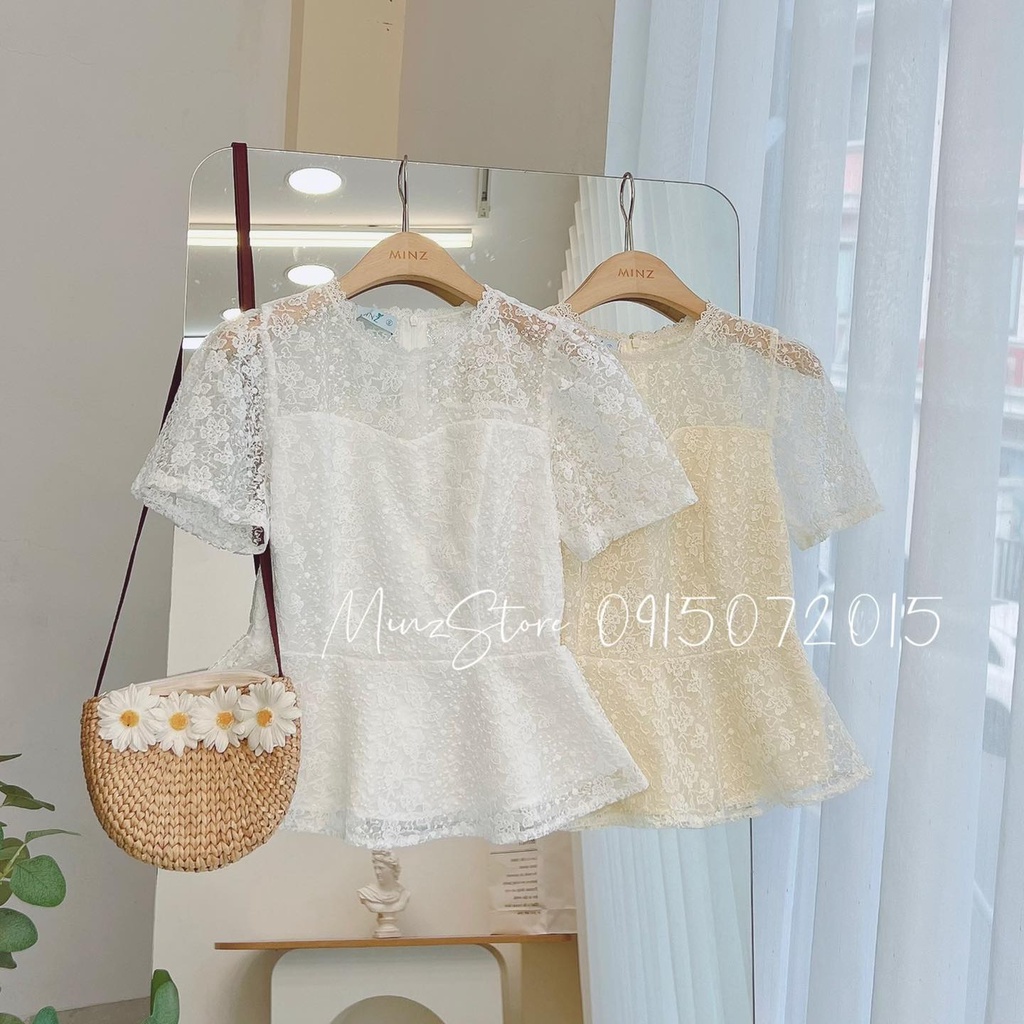 Áo sơ mi nữ dáng peplum ren thêu hoa nổi MINZ