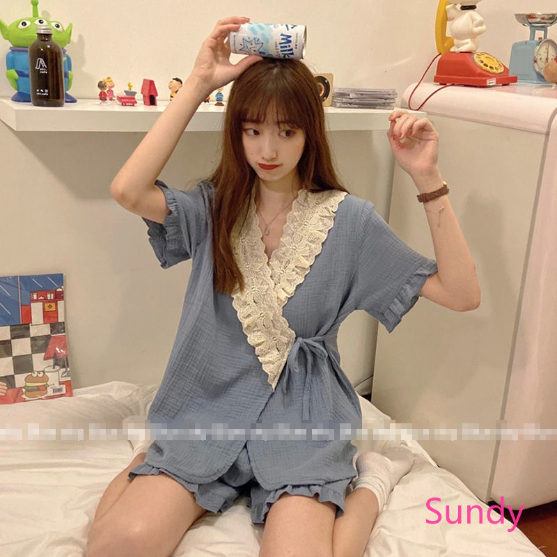 Bộ Đồ Ngủ Ngắn Tay Phối Ren Phong Cách Kimono Nhật Bản Dành Cho Nữ