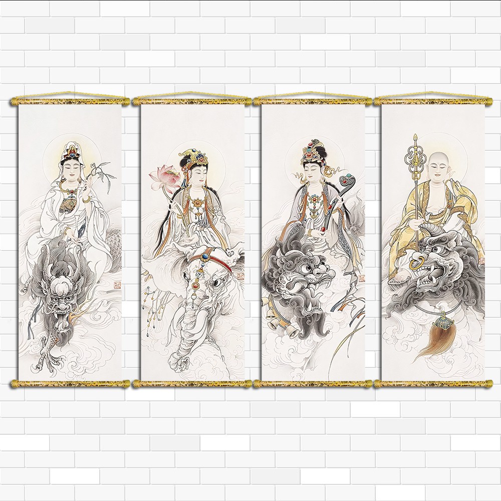 Tranh Liễn Phật Giáo - Bộ Tứ Đại Bồ Tát – Vải canvas cao cấp nẹp sáo gỗ tự nhiên,  nhiều size- nhiều mẫu  -giá xưởng