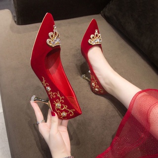 Wedding shoes for women Xiuhe 2022 new wine red wedding shoes high heel comfortable bride shoes low heel embroidered shoes toast shoes H3JN