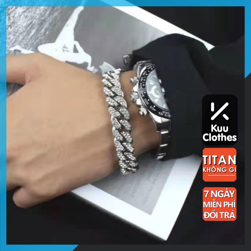 Vòng tay nam nữ đính đá thời trang  unisex màu bạc Kuu Clothes Titan không gỉ - Cuban đá