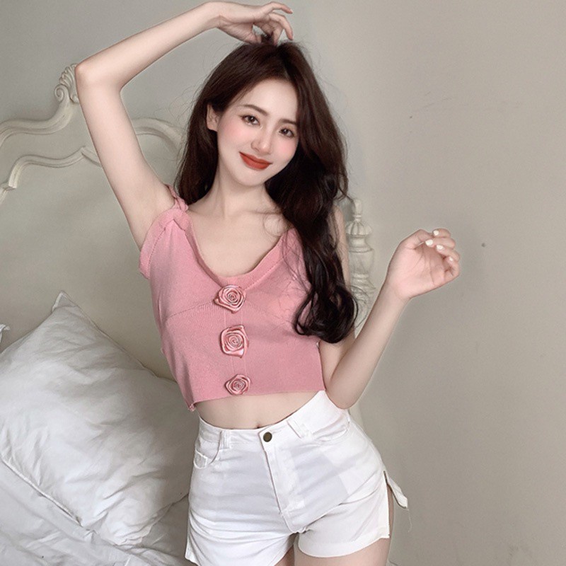 Áo Croptop Dệt Kim Cổ Chữ V Màu Sắc Đơn Giản Phong Cách Hàn Quốc | BigBuy360 - bigbuy360.vn