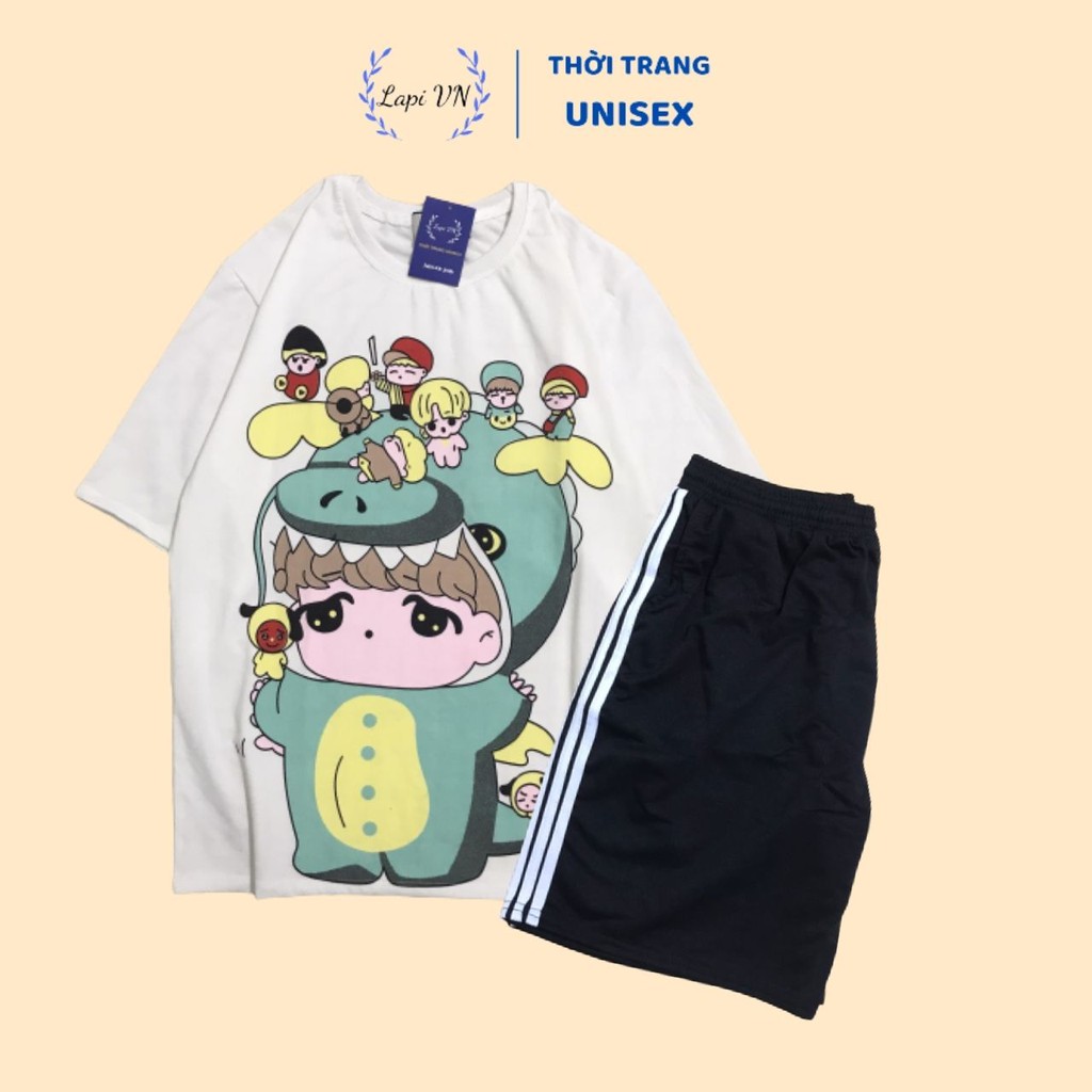 Đồ Bộ Hoạt Hình Unisex Tiểu Khủng Long Anime Quần Đùi 3 Line – Lapi VN, Set Cartoon, Freesize, Nam Nữ Đều Mặc Được