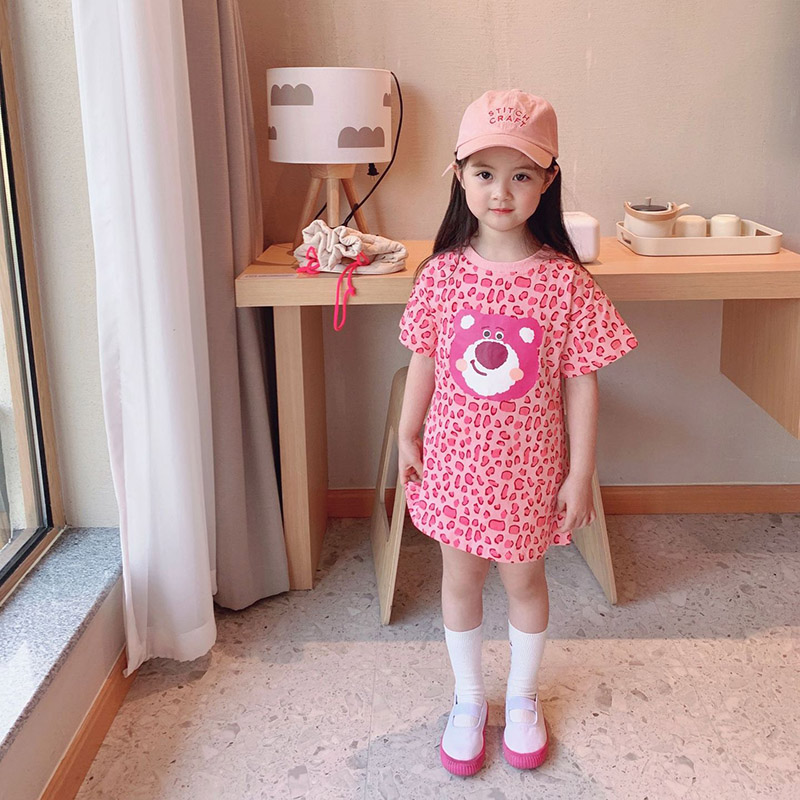Trẻ em 2-6 tuổi Màu hồng Báo in Phim hoạt hình Gấu Áo phông Cô gái Quần áo cotton mùa hè