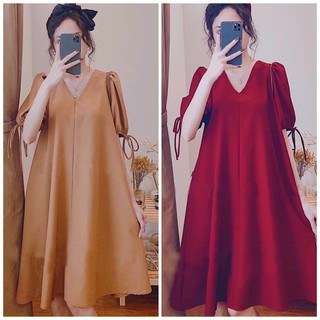 Đầm váy freesize suông cổ V tay nơ 2 màu