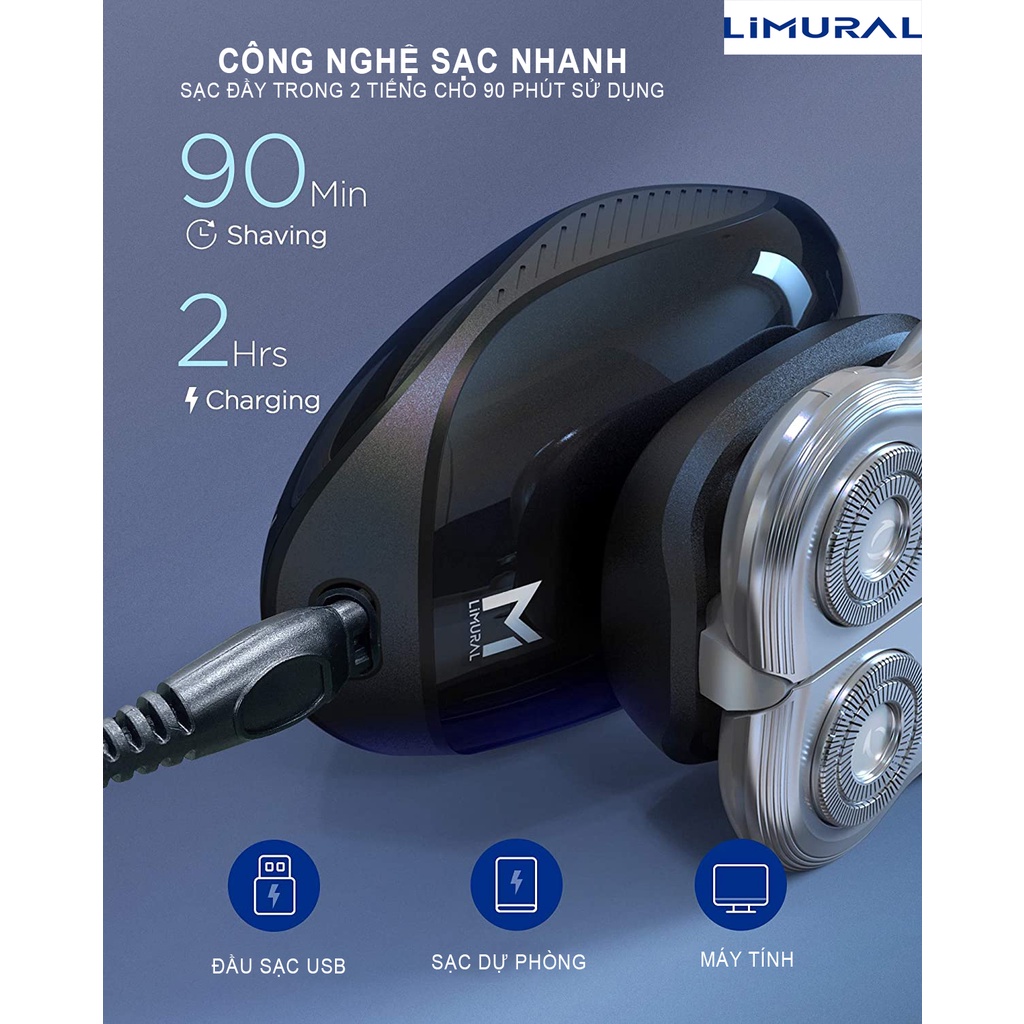 Máy cạo râu đa năng 4 lưỡi kép Limural từ Đức, cạo sát, êm, chống nước IPX6, sạc pin nhanh trong 2h