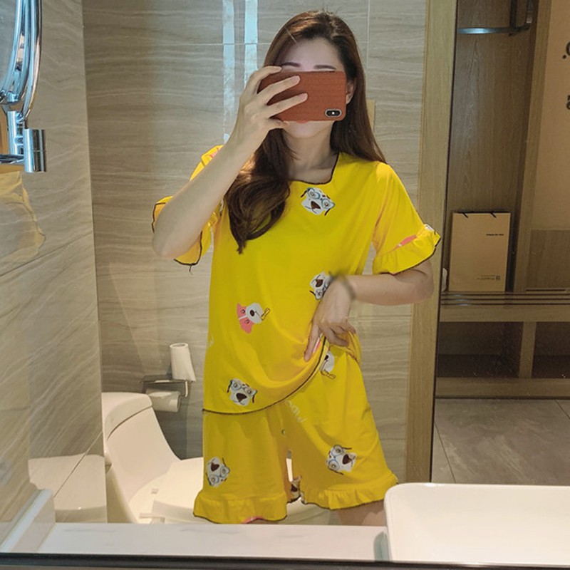 Set Đồ Ngủ Áo Thun Tay Ngắn Cổ Tròn + Quần Short Cho Nữ